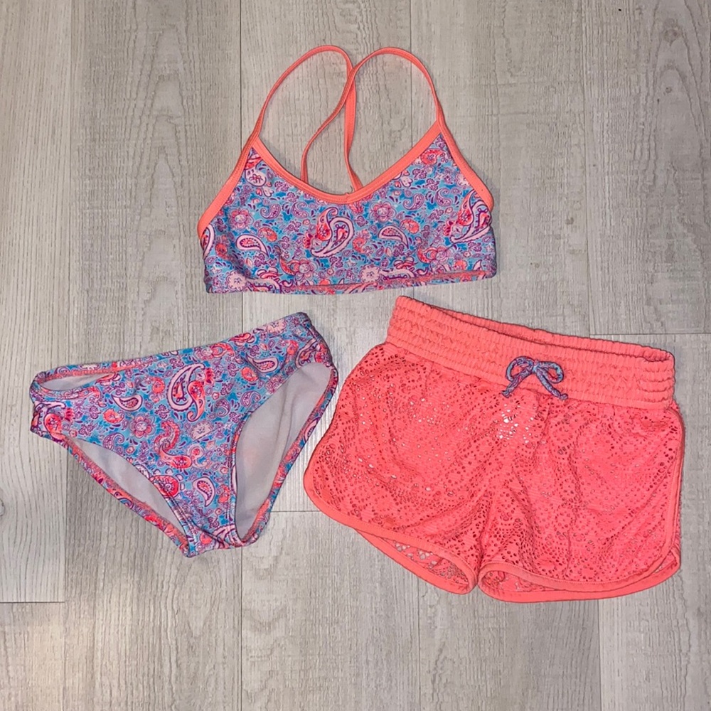 Girls Paisley 3-Piece Bathing Suit and Cover Up Shorts, 6/6X